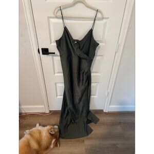 BHLDN Forest Green Wrap-Front Satin Dress